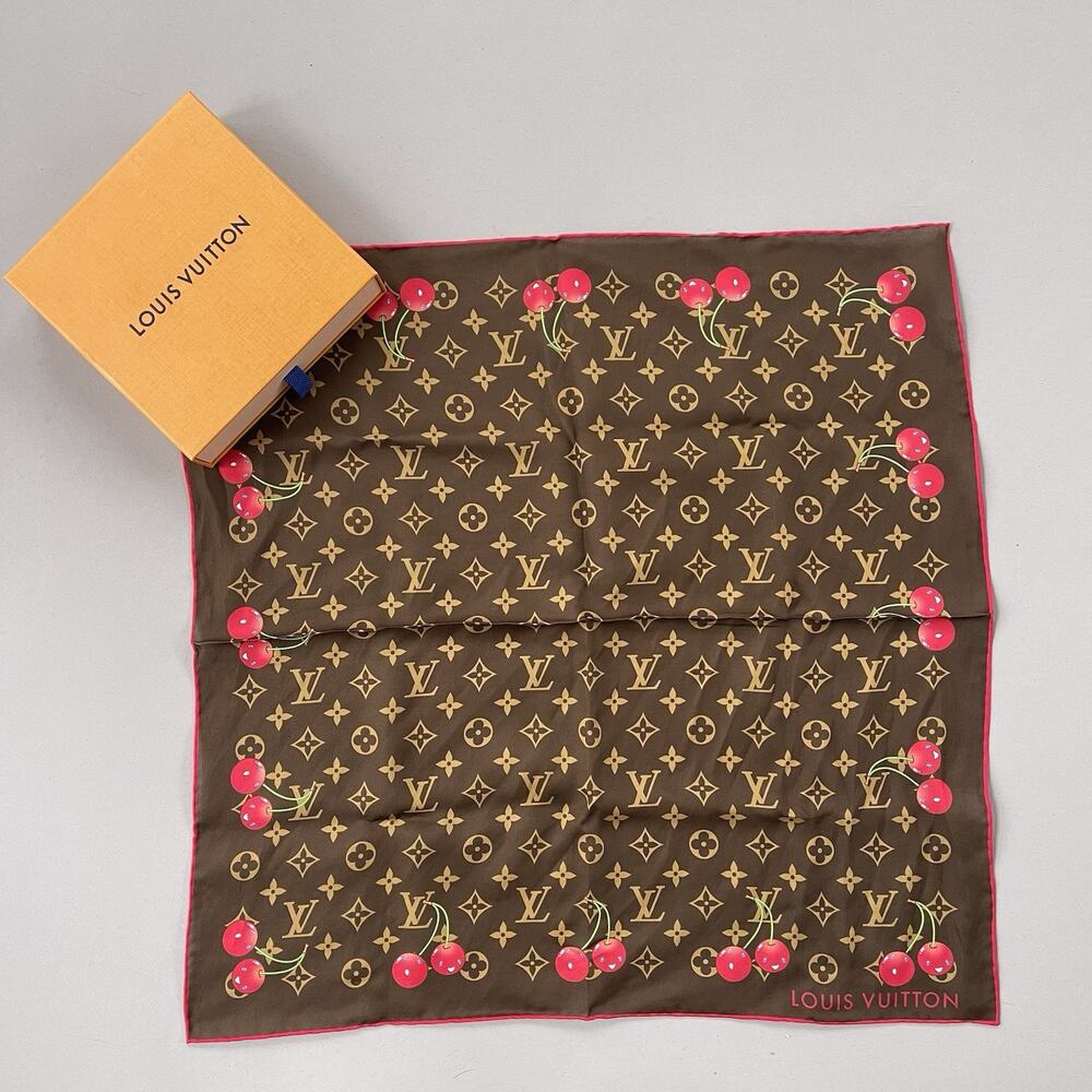 Auth Louis Vuitton Monogram Takashi Murakami Cherry Cotton Silk Scarf W/Box